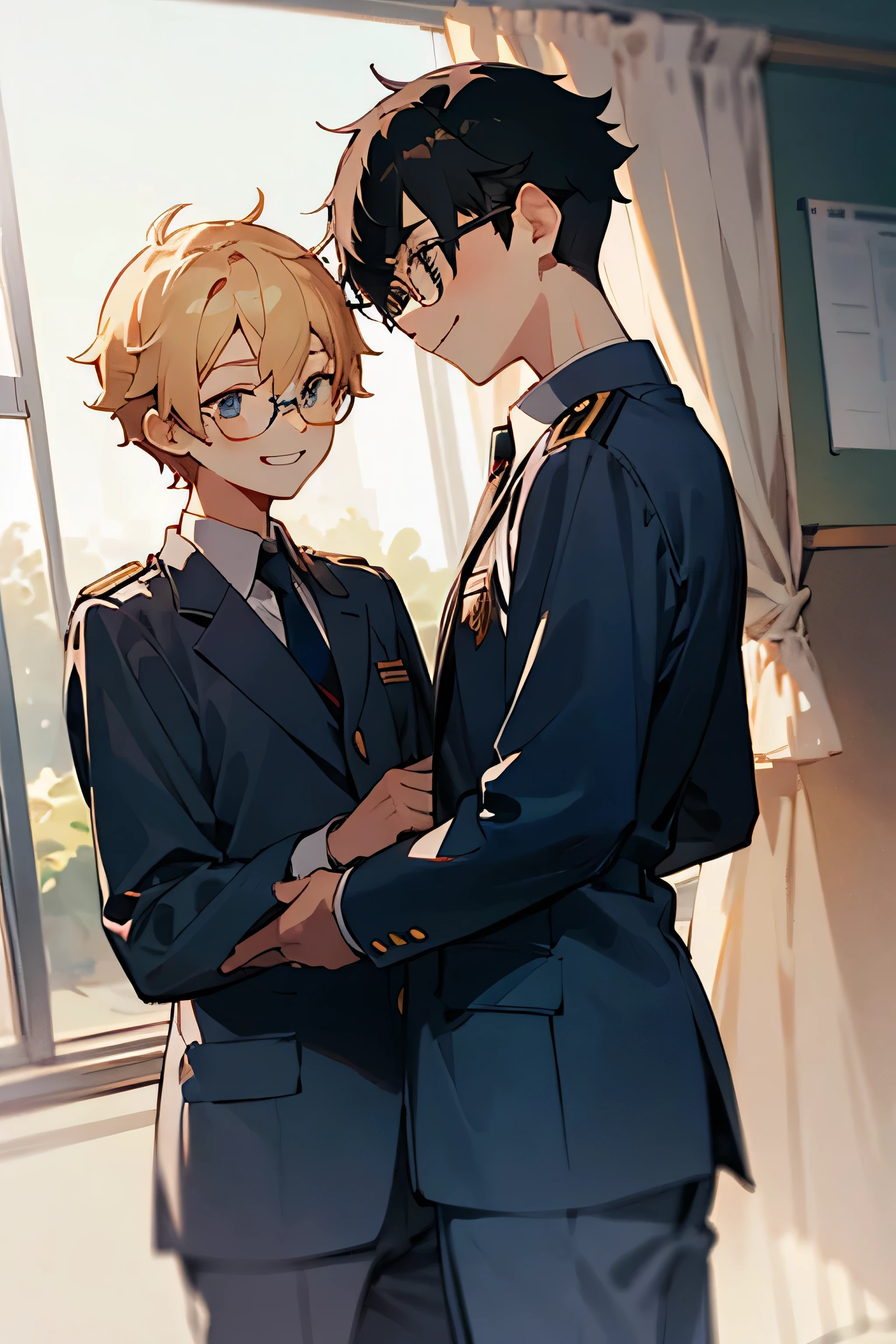 A domineering soldier forcefully pulling a scientist onto his lap, intimate male-male romance, bright, fresh atmosphere, handsome characters, anime style, manhwa aesthetic