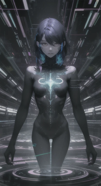 1girl, , , very long bob hair with bangs, light blue hair, flat chest, small size, blue eyes, fair skin, serious face, nude, full body, night, moon, frozen lake, mountain behind, very sexy body, detailed face, highly detailed, 8k, best quality, masterpiece, vibrant colors, digital art, concept art