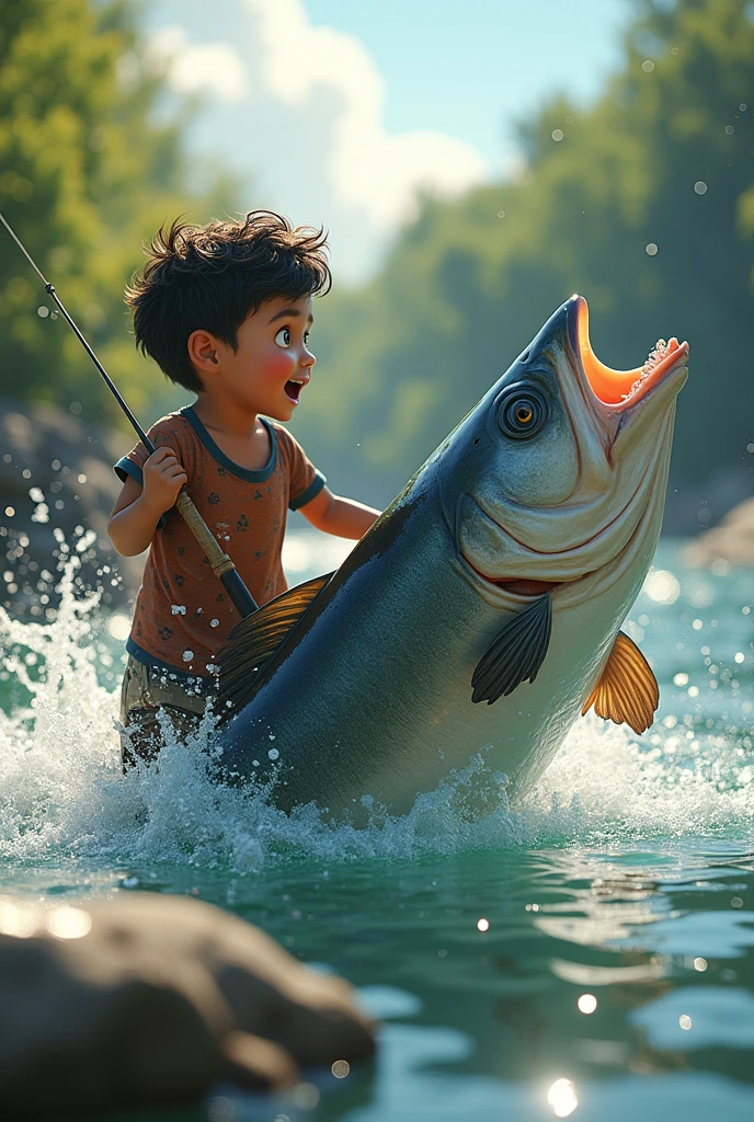 a fat boy was carrying a big fish in the river