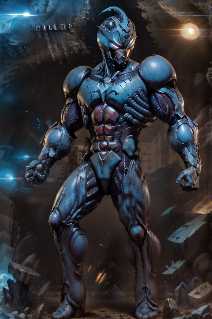 A big giga muscular men cyborg with scars on all body, red eyes, very white skin.