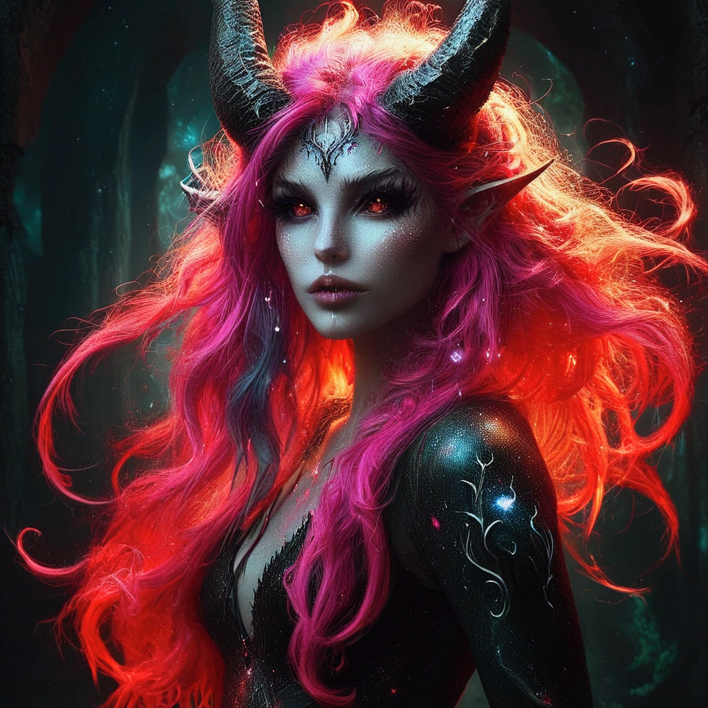 brightly colored hair of a woman with horns and horns on her head, epic fantasy art style hd, colorfull digital fantasy art, epic fantasy digital art style, epic fantasy art style, demon girl, fantasy digital art, fantasy dark art, dark fantasy digital art, portrait of demon girl, detailed fantasy digital art, amazing fantasy art, gorgeous digital art, beautiful succubus