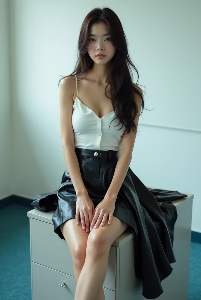 A beautiful young girl body is so slim and fit wearing short white shirt and black skirt Brest 1.3  (kneeling with spread legs wide apart:1.5),,
