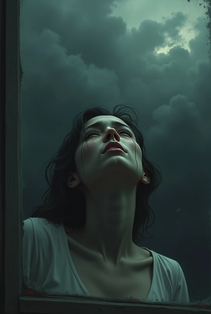 An image of the moon crying in the dark sky,
With a sad look