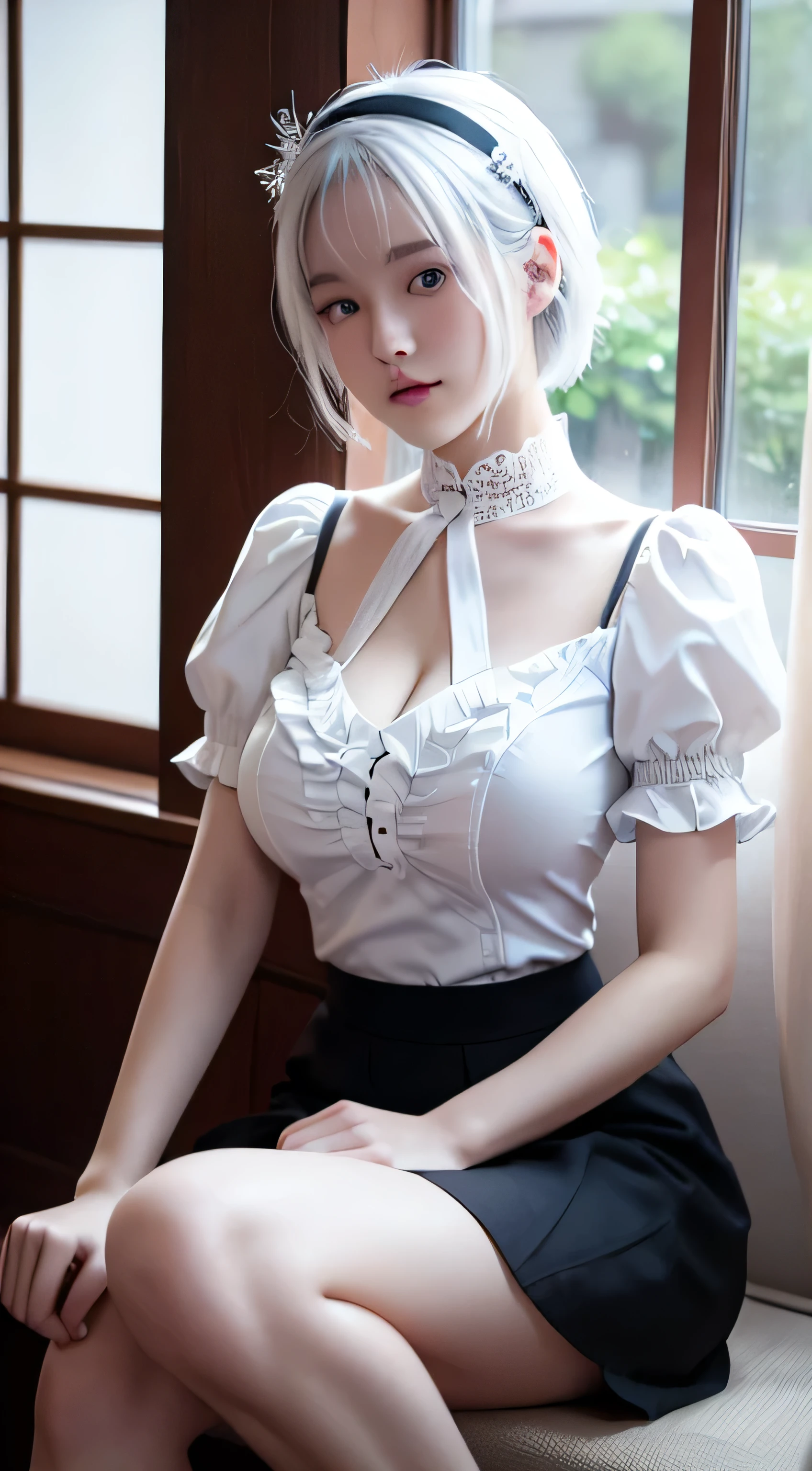 ((masterpiece)), super detailed, beautiful woman, short white hair, dark makeup, 30 years old, smiling, looking at the camera, (wearing a detailed white corset), large breasts, thick legs, sexy, inside the room, sitting on the bed, detailed room with light colors, ( light from the window ), natural night light --auto --s2