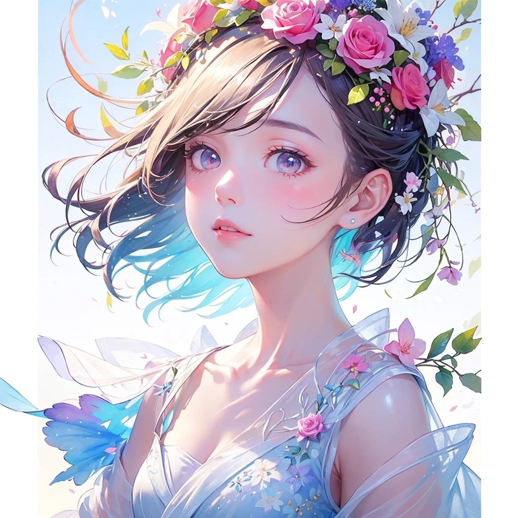 (masterpiece、Highest quality、Highest quality、Beautiful and beautiful:1.2)、Excellent anatomy、（Watercolor painting 1.5）、Long Shot、straight short hair images、Trendy Hair Color, Beautiful Face、Beautiful profile, Bow down and be quiet, I close my eyes and pray, Fairy, 蝶のFairyのコスチューム、Pure white、Pure、charm, Colorful flowers of different colors, Flower and leaf wind、Botanical Art,