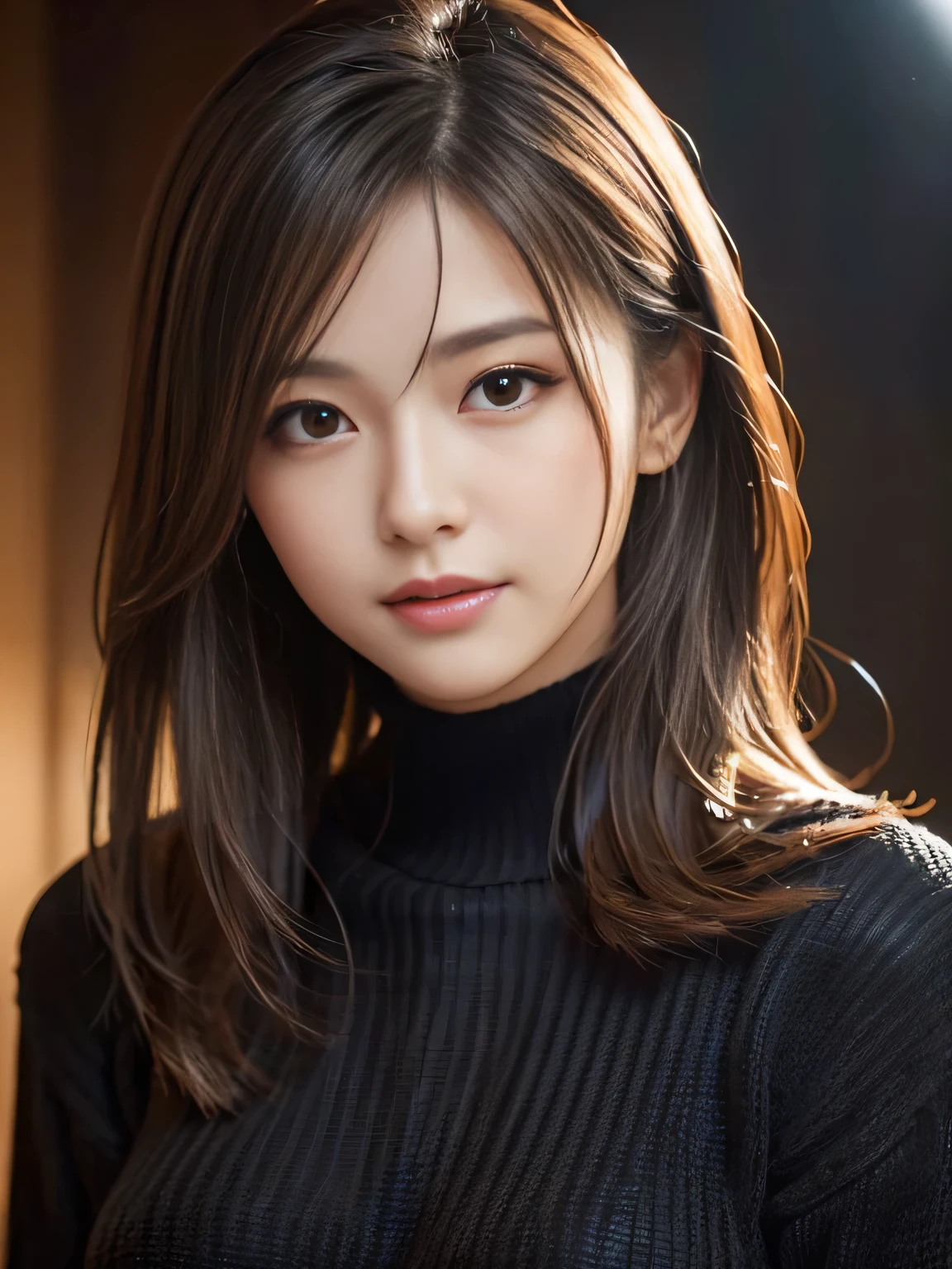 A woman with long hair and a black turtle neck sweater - SeaArt AI