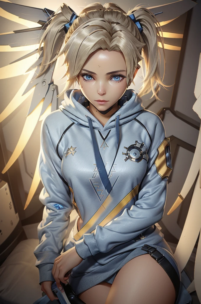 Mercy (/overwatch/), pony tail hair, (((blue
 sweatshirt))), Mercy wings behind back, glowing eyes, 