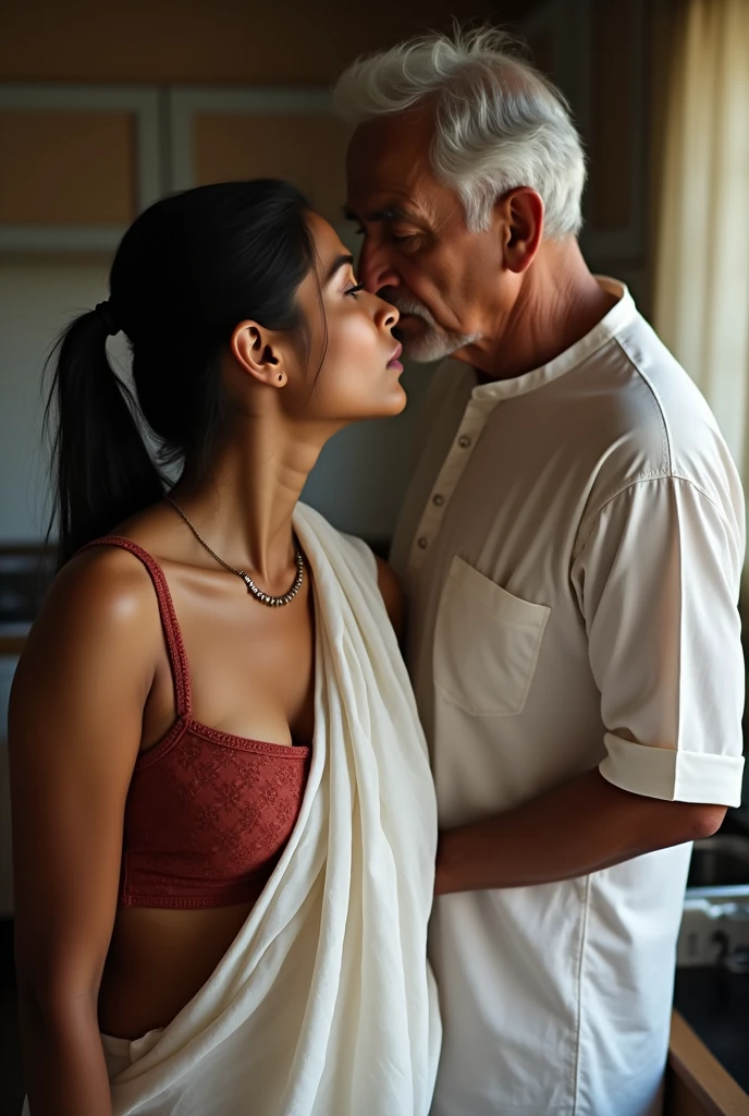 Day scene,kajal and Oldman, Indian black old man, couple pose, a Oldman and kajal in under the water fall, black lace bra and saree, detailed old man, old man gripping kajal waist,big cheeks, curvy, Hollywood lips, wet navel, deep cleavage, necklace, erotic face, 36 yo, ponytail, look at viewer and smile, (cinematic:1.3), intricate details, (ArtStation:1.2),Oldman and beautiful girl posing to viewers, detailed Oldman, old man waist gripping,