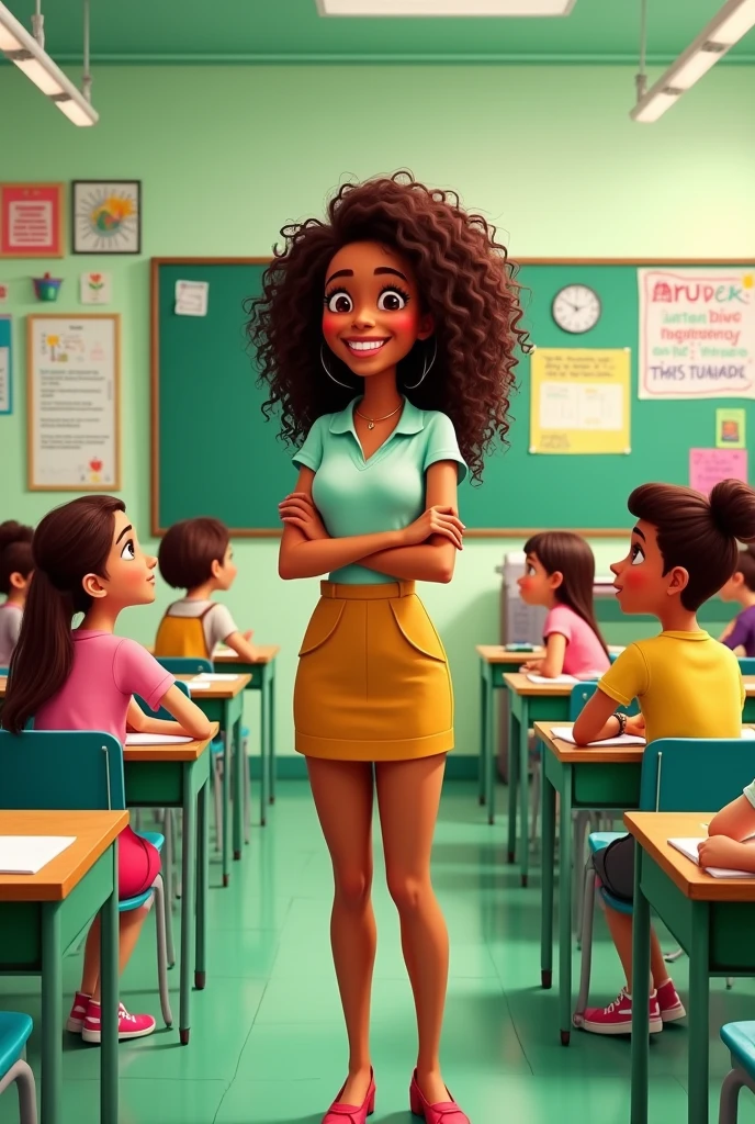 Desenho animado da Disney Pixar tipo B, Umartwork, best quality, Portrait of a successful, curly hair, mature, black mature woman, teacher in an apron, wearing red glasses, looking at the camera with a pen in her hand and a sheet of paper in her other hand. smiling african american woman standing in classroom at school, portrait of mature woman, woman in her 40s