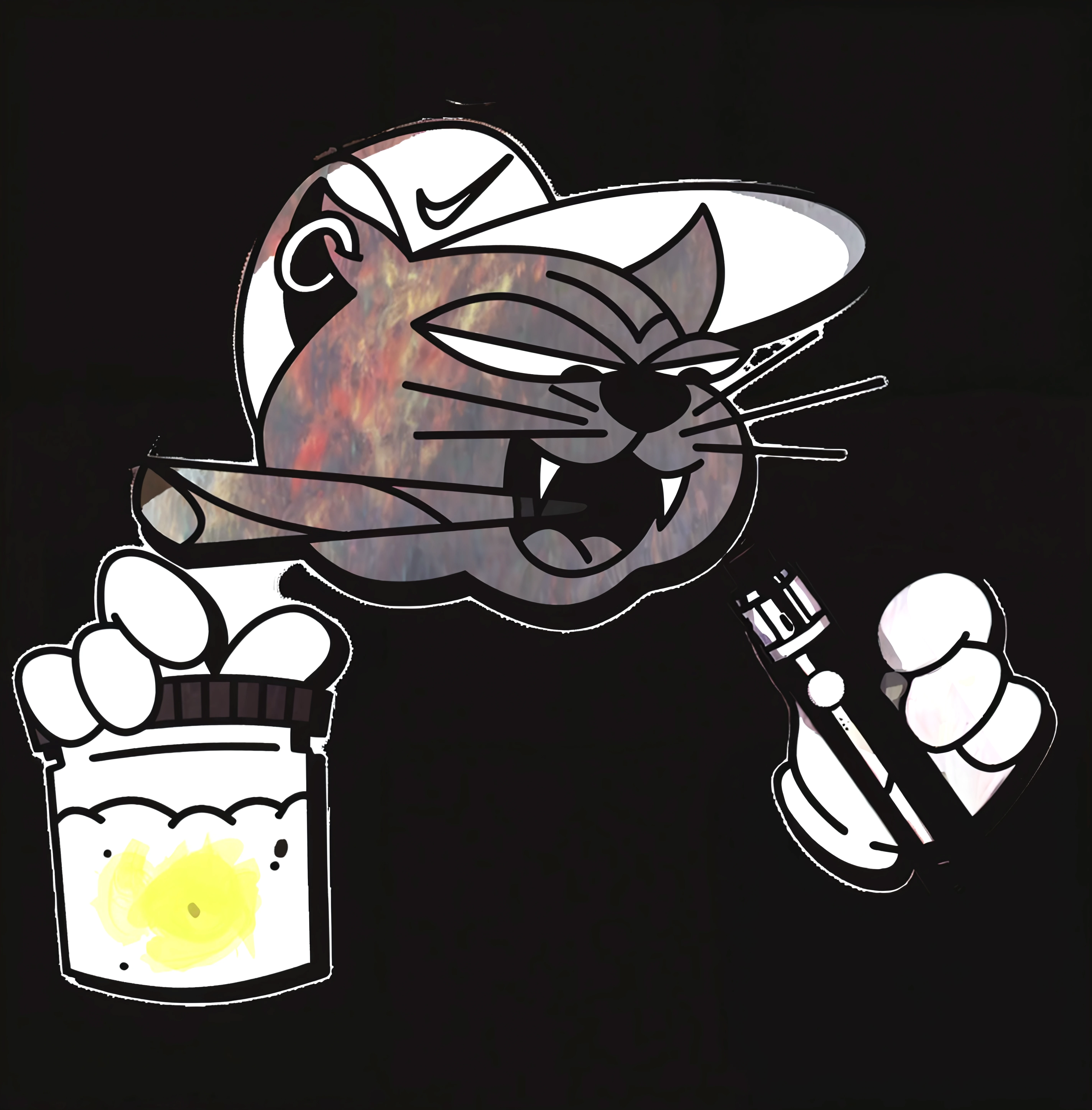 Could you take a picture of a cat smoking a marijuana cigarette??, which is in a jar of mayonnaise, that has the red label that says Bob McCormick You could make it more like a cartoon for a logo the cat can be orange