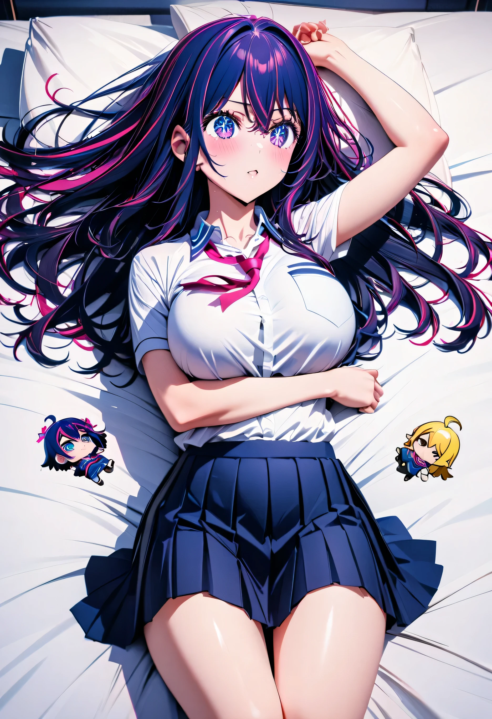 1 girl, very large breasts, tall, ((Student uniform)), Hoshino Ai,  ((highest quality)), ((best detail)), ((HD)), ((4K)) , ((bright colors)),   ((bed)) , ((whole body)), ((lying on one's back)),  ((Perfect figure)), ((Chibi character icons)), 