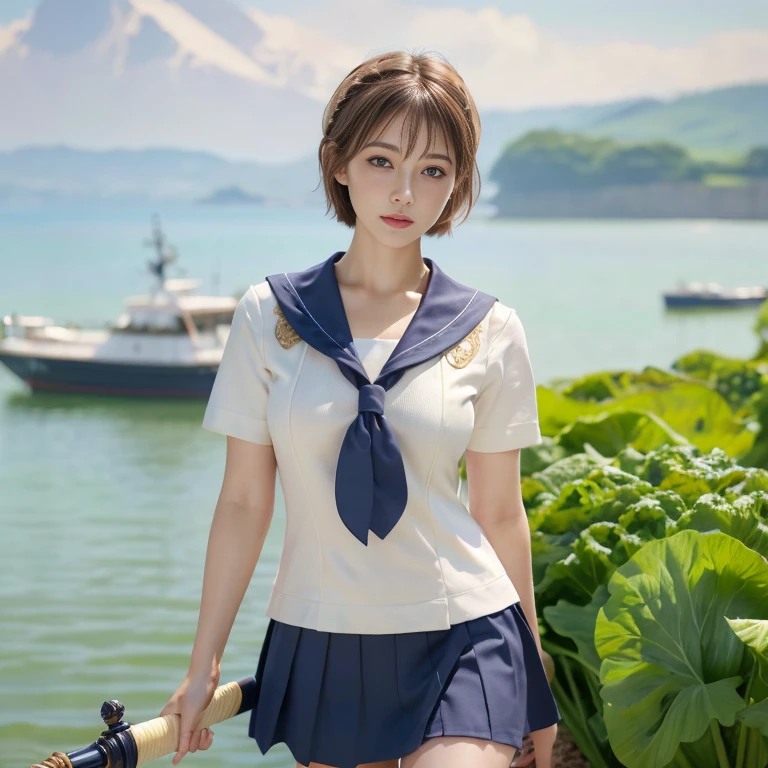 (Realistic:1.3), 8k, Healthy Photos, Realistic skin texture, (masterpiece, Highest quality, High resolution:1.2), (Very detailed, Intricate details, High resolution), Textured skin, Skin pores, Intricate details, One Girl, Straight Short Hair,whole body,Ultra mini skirt,(Sailor suit),Beautiful Skin,Realistic Face,(Has a glass sword)