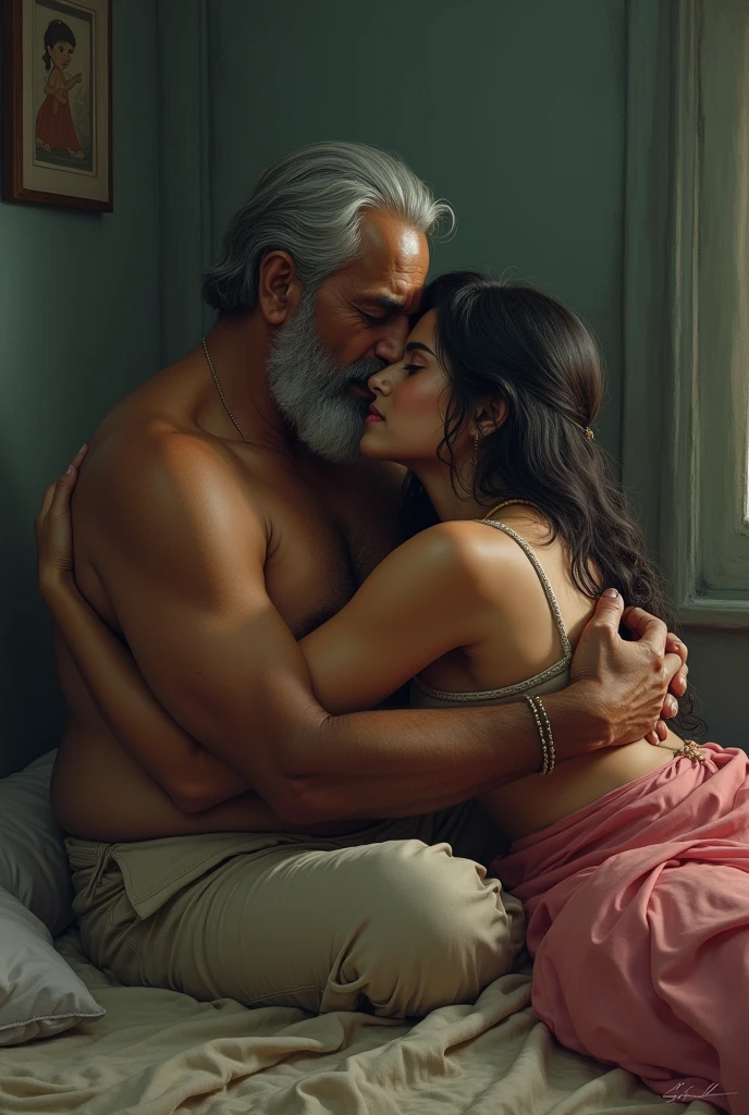 Indian gay old muscle man where white short dhoti open chest with hair in romantic mood hand on ass add some other neck mature man with romance sleep on bed sex positions