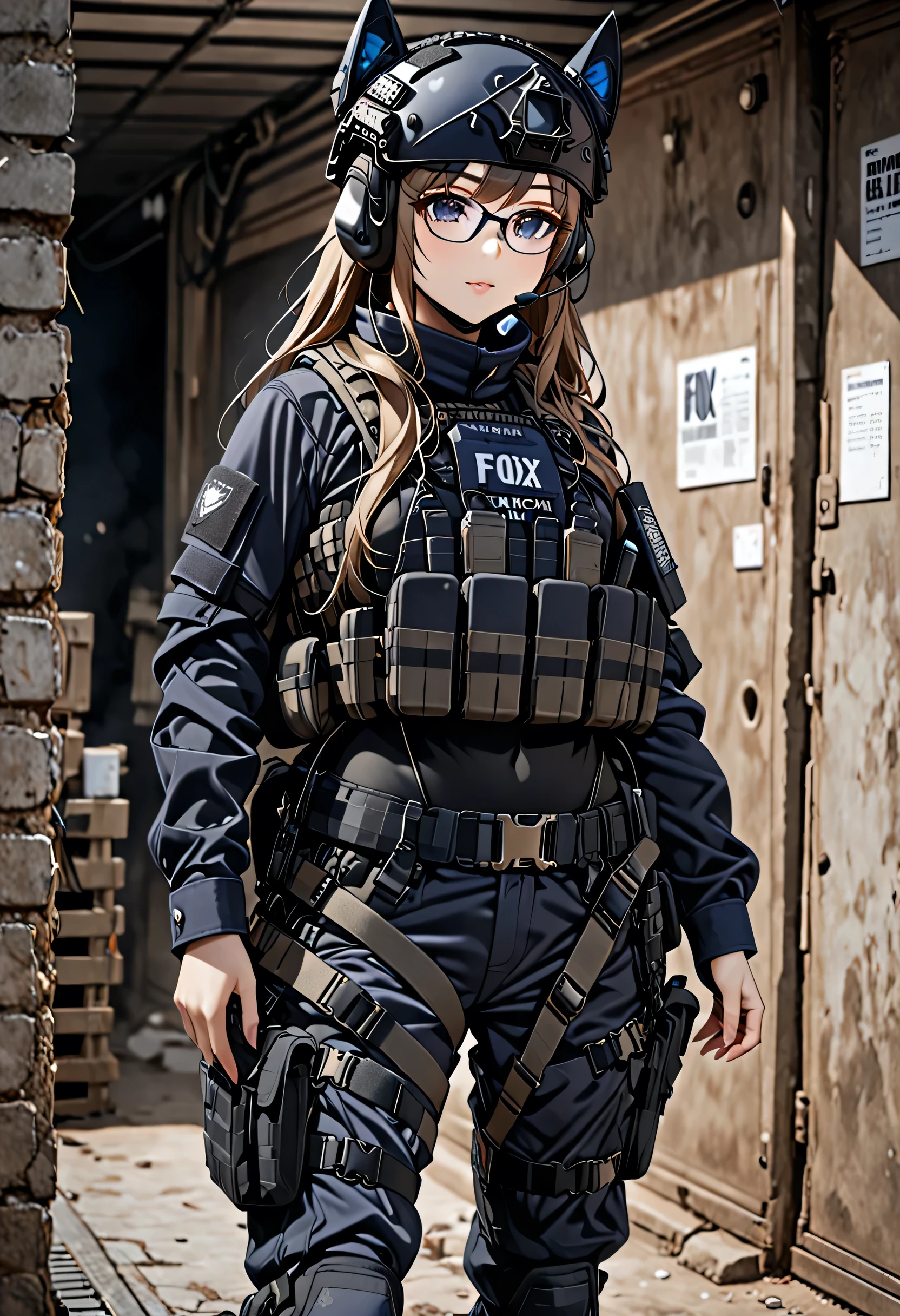 8K Ultra High-Quality, ultra-detailed, High quality, Dark Blonde hair, Long hair, Headset, Goggles, Black Tactical Heavy Helmet visor up, Fox girl, Navy Blue Tactical clothes, Military clothes, White leotard under clothes, Black body harness, Black Heavy Body Armor, Looking at viewer, choker, glasses, full body