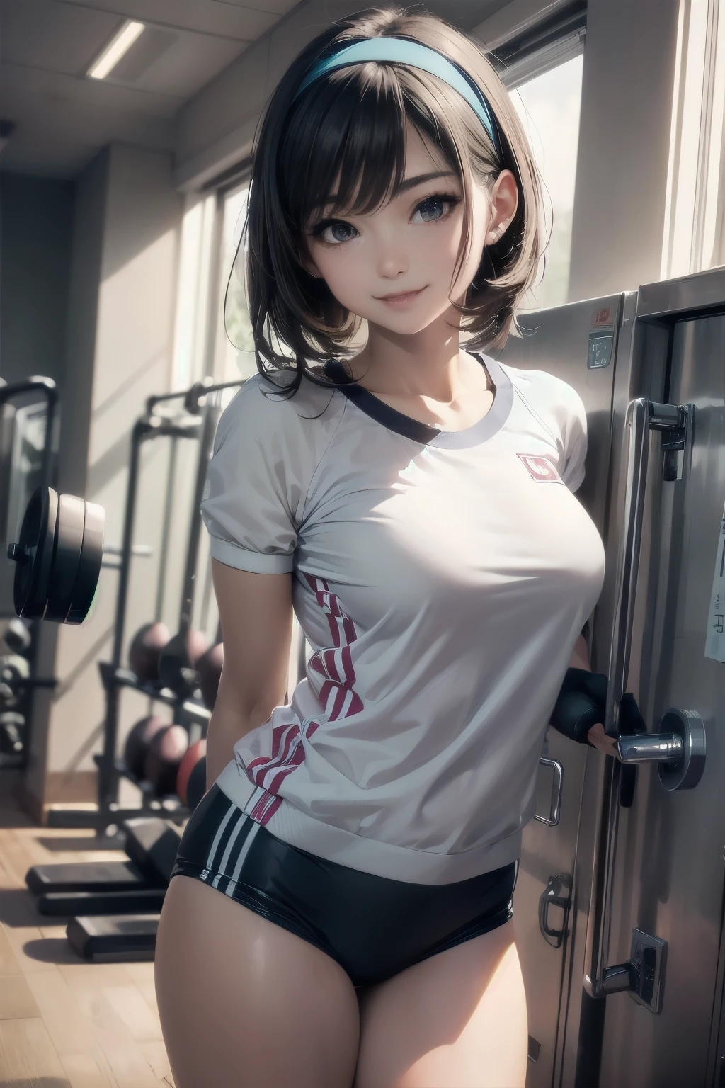 very cute and beautiful girl,(highly detailed beautiful face and eyes),(smile:1.2),happy,looking at viewer,
(navyblue buruma),standing,arms behind back,detailed legs,white training shirt,short sleeve,
locker room in training gym,black hair,hair band,
(best quality,masterpiece),absurdres,highres,ultra-detailed,extremely detailed,32k,8k resolution,
intricate details,cinematic scene,detailed background,solo,dynamic angle,