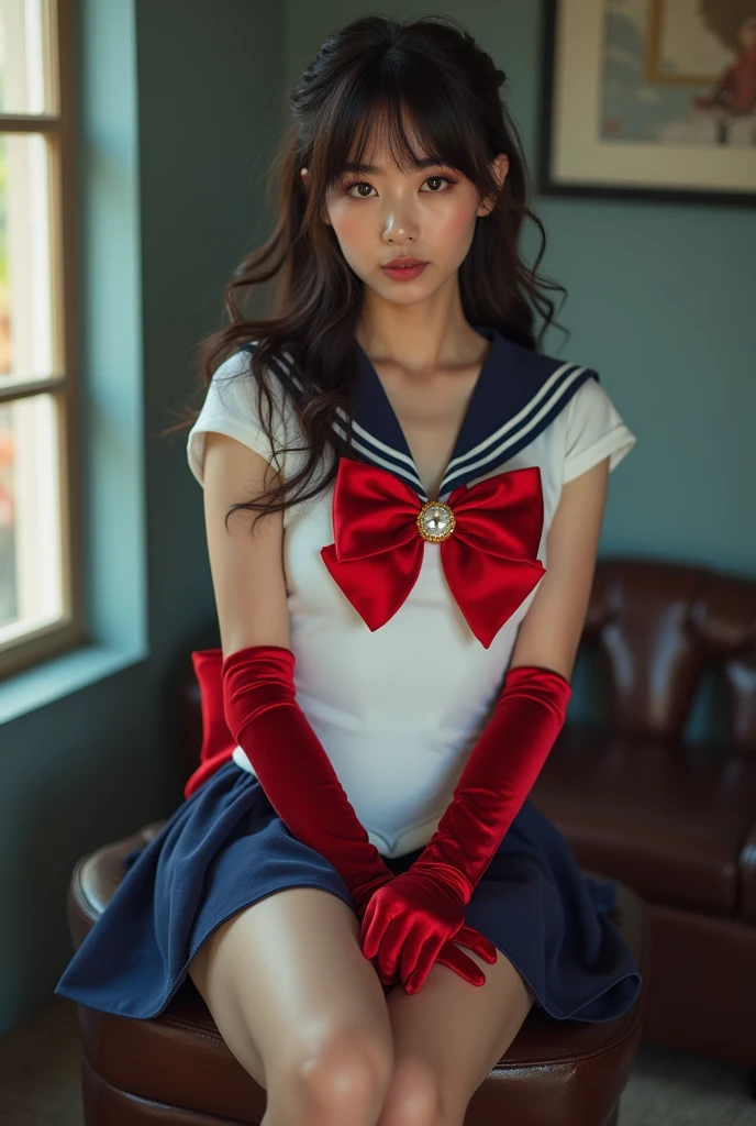 masterpiece, best quality, highres, mer1, tiara, sailor senshi uniform, white gloves, red sailor collar, red skirt, star choker, elbow gloves, pleated skirt, bare legs, purple bow,big_breasts,The eye,sexy,huge_breasts,stockings,pantyhose