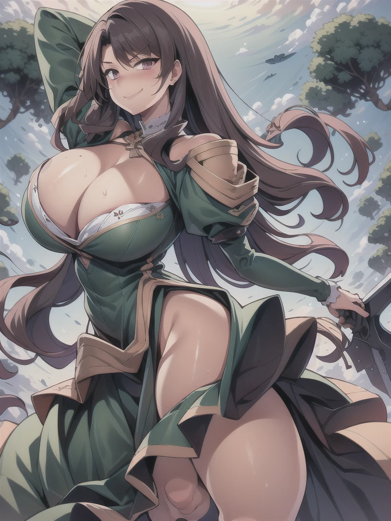 masterpiece,best quality,kim_kwang_hyun, 1girl,kashino, Brown  Long hair, big busty , large huge breasts, looking at viewer, plumpy, pink eyes, Brown Long hair, bangs, large huge breasts, long sleeves, dress, cleavage, closed mouth, Long weapon((sword)), puffy sleeves, arm up, clothing cutout, copyright name, green dress, cleavage cutout, juliet sleeves , power armor, shoulder armor, Brown long hair,  smirk, pink eyes 