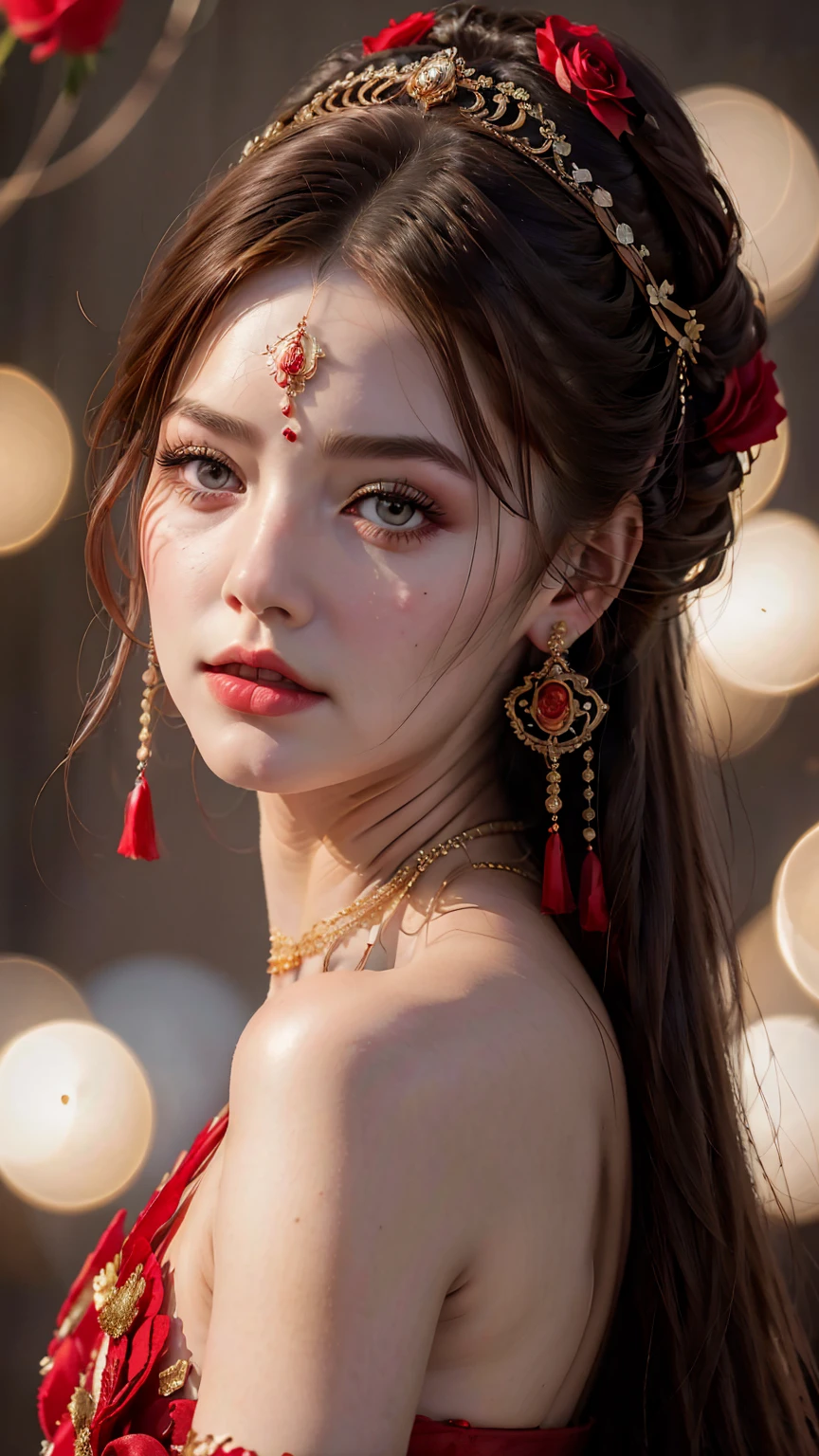 8k, RAW photo, Fujifilm, style photo of a beautiful  woman, square face, a red rose on the neck, wearing black lace dress with red, golden earrings, strong features like a spinning dove, (highly detailed skin: 1.2), medium brown hair with lights, film grain, 35mm, cute style