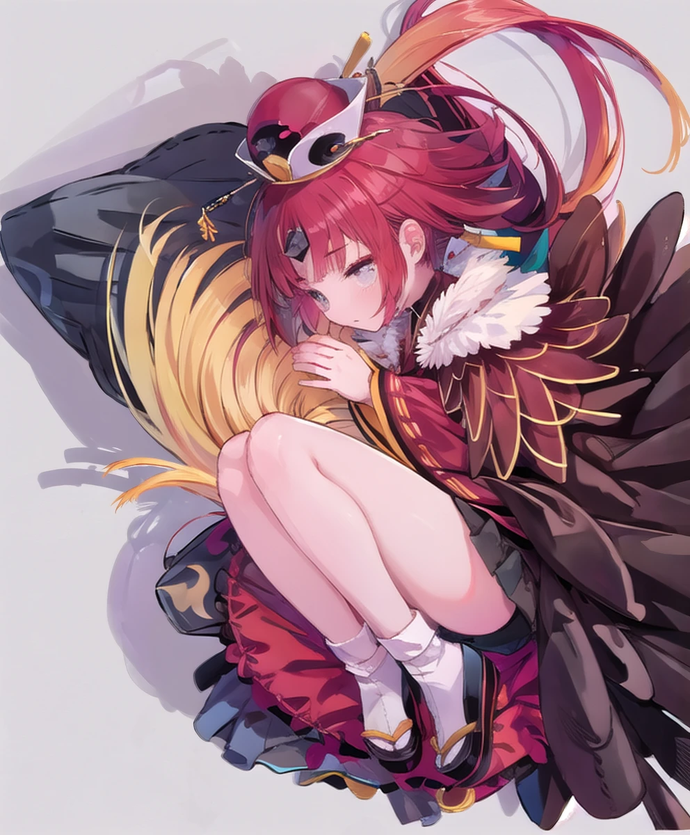 (Best Quality,masterpiece:1.2),(fetal position:1.3),((angle from above:1.3))),One Girl,whole body:1.2,Red kimono,Small hat,Redhead, Parted bangs,Simple Background,ribbon,Black mini skirt,Perfect composition