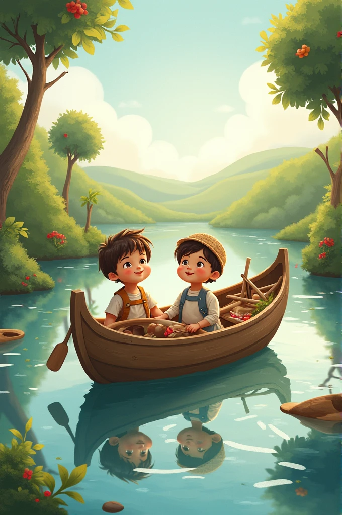 A serene nighttime scene where a twin brother and sister are nestled in the heart of a blossom-fringed lake. The siblings lie on a cozy, makeshift bed in the open-air cabin of a large wooden boat, the walls replaced by the vast, starlit sky. The sister, with her hair cascading over the side of the boat, is nestled on her brother's chest as he gently supports her, his arm wrapped protectively around her shoulders. The boat, adorned with a series of fire lentils, casts a warm, flickering glow across their faces, illuminating their content expressions as they gaze into each other's eyes. The cabin's absence of walls allows the viewer to fully appreciate the tranquil beauty of their surroundings: a lush, blooming forest reflected in the mirror-like water, with petals from the trees gently kissing the lake's surface. Above them, a full moon hangs low, bathing the scene in a soft, ethereal light that pierces through the canopy of leaves, creating a mesmerizing dance of shadows and silhouettes. The siblings' bond is the focal point, emphasized by the intimate embrace and the contrast of their youthful innocence against the grandeur of nature. The serene ambiance is accentuated by the stillness of the water, the whisper of the night breeze, and the distant calls of nocturnal wildlife, all contributing to a sense of peace and unity. This moment is a testament to the unspoken connection that runs deeper than the lake itself, a visual narrative of love, companionship, and the shared experience of a quiet, magical night in the midst of nature's embrace.