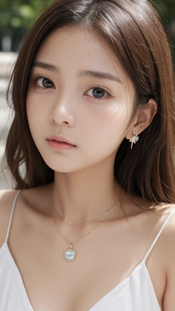 ((Highest quality, 8K, masterpiece:1.3)), concentrate: 1.2, Perfect body beauty: 1.4, Hips: 1.2, ((Long Hair, chest: 1.2)), (Dry clothes: 1.1) , (clear, Simple Background:1.3), Simple clothes: 1.1, Highly detailed face and skin texture,Delicate eyes, double eyelid, Whitened skin, Rough skin、Long Hair、Earrings with bangs、necklace、 solo、Beige coat、White shirt, (((Beautiful girl with cute Japan)))、 ((Beautiful Japanese girl 20 years old))、 ((Baby Face))、 (((Slender body)))、 Upper Body,Face focus、necklace,Simple Background,From above, Realistic Hair、 A photograph was taken:Canon EOS R6、135mm、1/1250 seconds、f2.8、ISO400、(Detailed explanation of the hand)、(Masseter muscle area)、(Exquisite CG)、Long Hair, loose and curly hair、Korean Hair、Long Hair明るいベージュ色、グラデーションハイライトグレージュのゆるふわLong Hairスタイル、