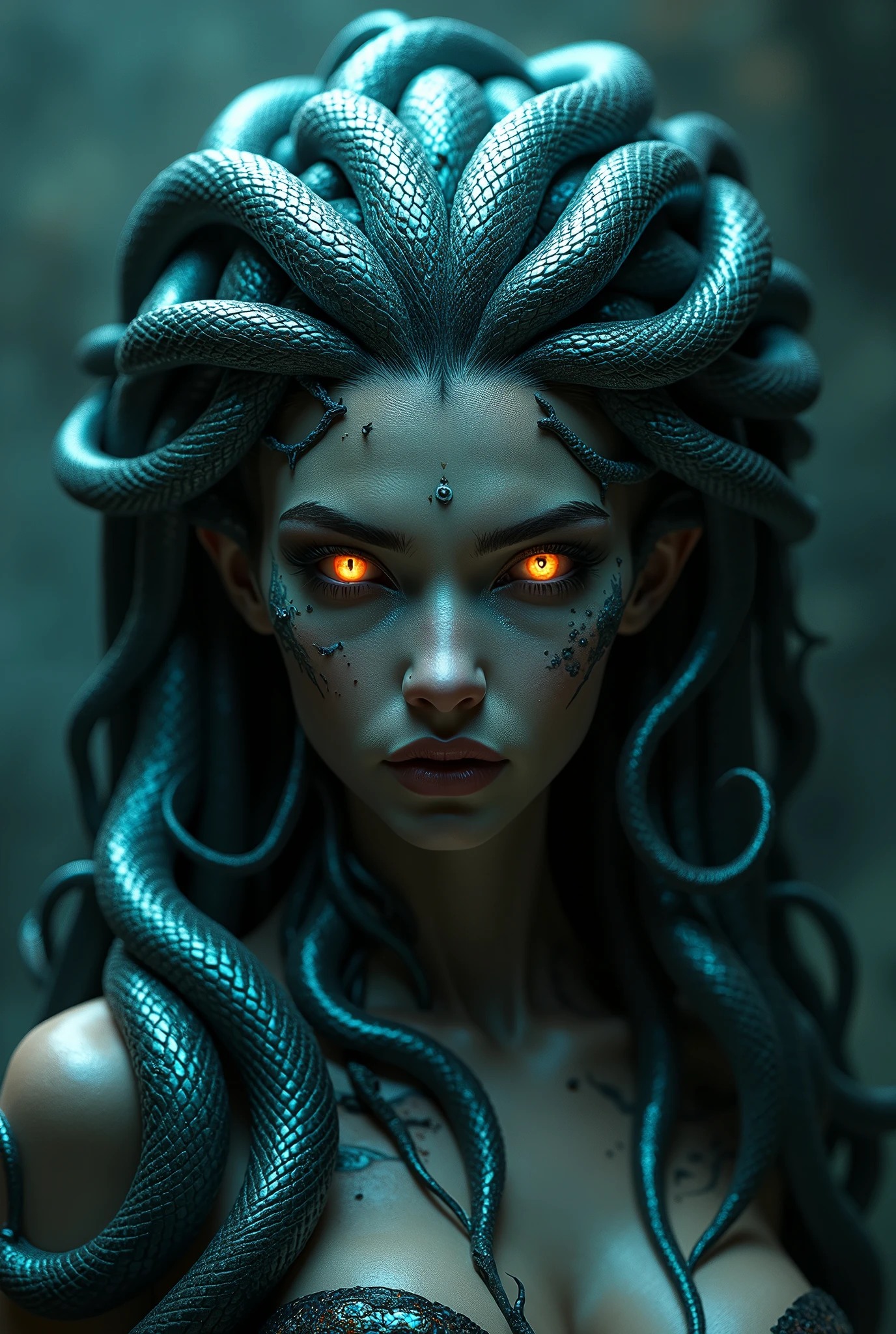 1 beautiful gorgon, erotic, scary, eerie, seductive, hundreds of iridescent snakes from her head, Greek Mythology, glowing evil eyes