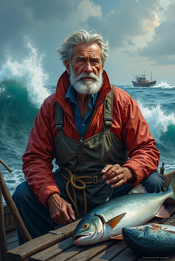 realistic, best quality, detailed background, depth of field, intricate details, 1960s, portrait shot, Swiss male, male rugged seasoned fisherman standing in front of a (lighthouse), 60 years old, weathered skin, grey hair, beard, coast, ocean, crashing wave, briny, waterlogged, overcast, exhausted, ((wearing dirty ragged fisherman outfit)), captain's hat, (large pectorals), (puffy nipples), (oil painting style:1.3), dynamic pose