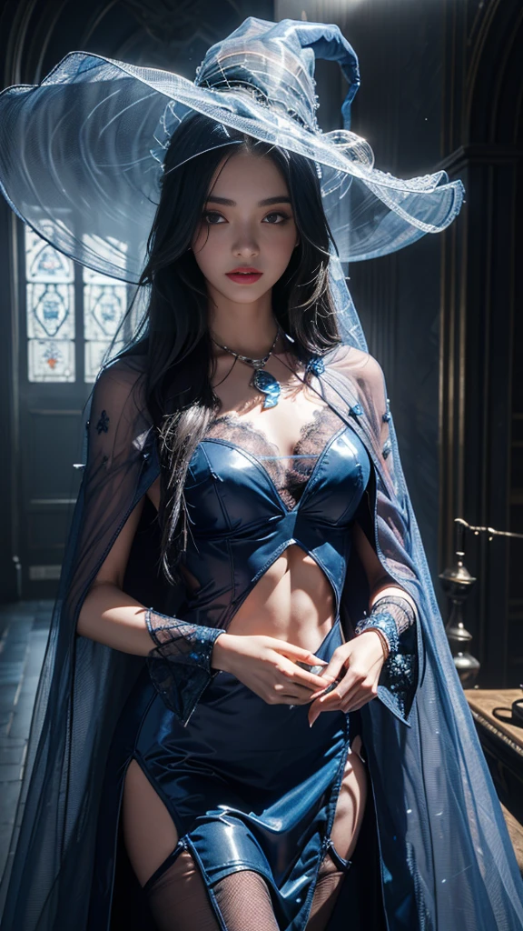 Beautiful age girl. 15 ygirl. Hogwarts student. Ravenclaw student. Ravenclaw logo. Wearing blue sexy transparent witch suit no pants. Small breast. No bra. No underwear. Blue Ravenclaw cloak. Wand. Her look represent the Wisdom and Witty persona. In front of Ravenclaw room. Standing pose. Powerful young witch. Black hair. Beautiful teenage face.