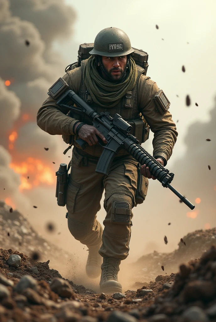 (highres,masterpiece:1.2),ultra-detailed,(realistic,photorealistic,photo-realistic:1.37),a strong and courageous American soldier,wise and experienced,a symbol of bravery and honor,a guardian of freedom,standing tall in his war armor,meticulously crafted details on the armor,reflecting years of battles and victories,glistening metallic surface with intricate engravings,expressive and determined eyes,strong jawline and chiseled features,clenched fists showing determination,serious and focused expression,strategically positioned in the center of the composition,amidst a bustling and chaotic battlefield,smoke and dust fill the air,creating an atmosphere of tension and urgency,the soldier surrounded by fellow troops,fighting alongside with courage and unity,helicopters soaring in the sky,delivering supplies and support,explosions illuminating the scene with fiery bursts of light,highly detailed and realistic weaponry,including rifles, grenades, and ammunition,powerful and impactful movements captured in motion,depicting the soldier in the midst of action,colors dominated by shades of earthy tones,representing the harsh conditions of war,strong and dynamic lighting casting dramatic shadows,conveying the soldier's determination and resolve,a true embodiment of valor and sacrifice,inspiring viewers with a sense of patriotism and admiration.