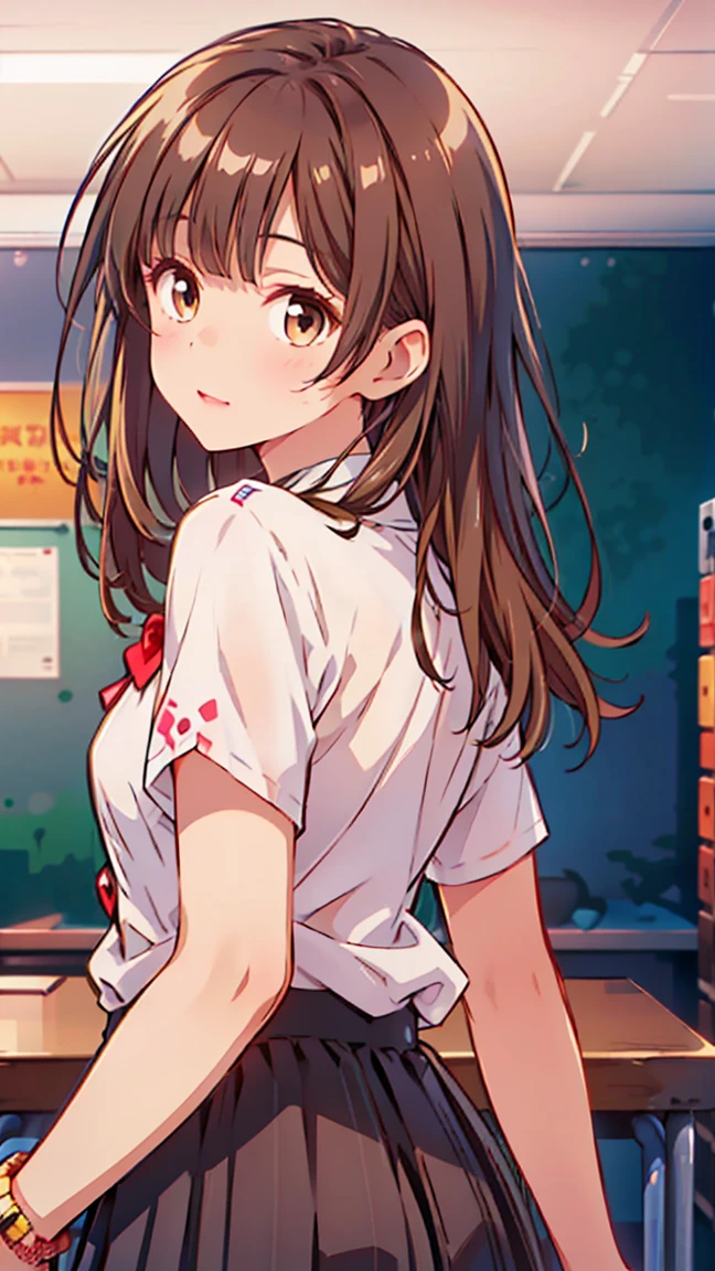 a beautiful young girl wearing a button-up shirt and black skirt, standing in a school setting, with dark brown hair and blonde highlights, looking directly at the viewer, with extremely detailed and realistic facial features, a cute and youthful Puellos face style, inspired by TikTok trends,