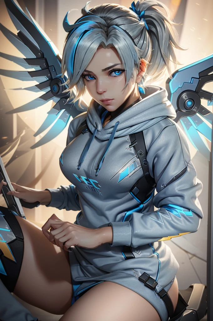 Mercy (/overwatch/), pony tail, (((electric blue
 sweatshirt))), Mercy wings, glowing eyes, nimb