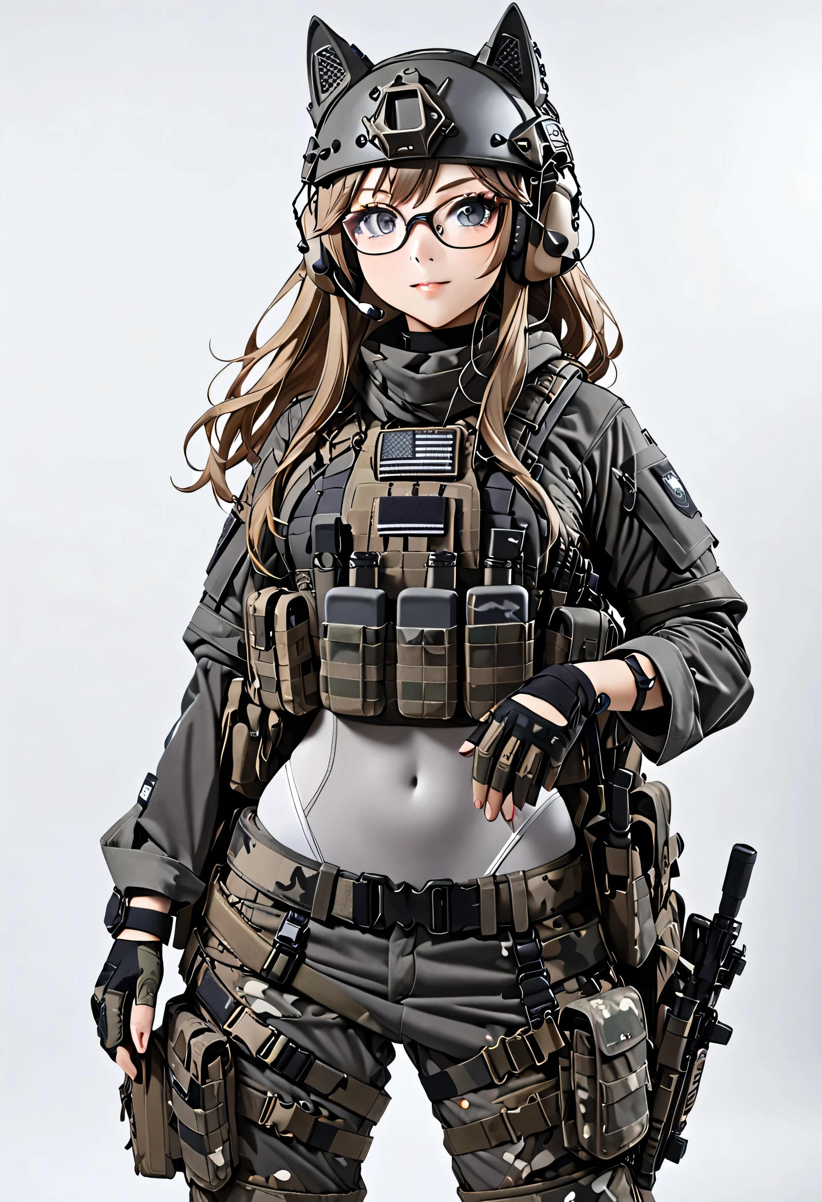 8K Ultra High-Quality, ultra-detailed, High quality, Dark Blonde hair, Long hair, Headset, Goggles, Bluish Grey Tactical Helmet visor up, Fox girl, Black Camo Tactical clothes, Military clothes, White leotard under clothes, Bluish Grey body harness, Bluish Grey Heavy Body Armor, Looking at viewer, choker, glasses, full body