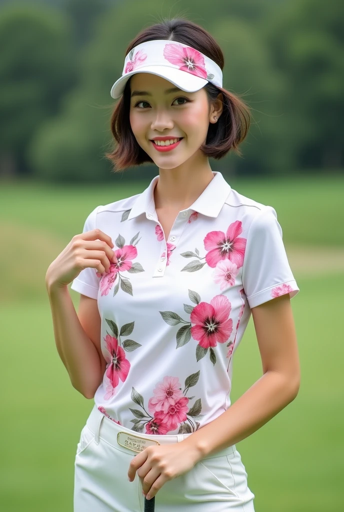 masterpiece, highest quality:1.1), (8k, RAW Photos, Photorealistic:1.2, f22), (Shiny skin), Detailed skin,Medium Bob,Detailed face, Fine grain,break, Real World, Intricate details, smile, break, One girl, whole body,(pink,Polo shirt,mini skirt,Sun visor),break, (golf:1.4), break、(( Ample breasts, Erect nipples:1.1)),