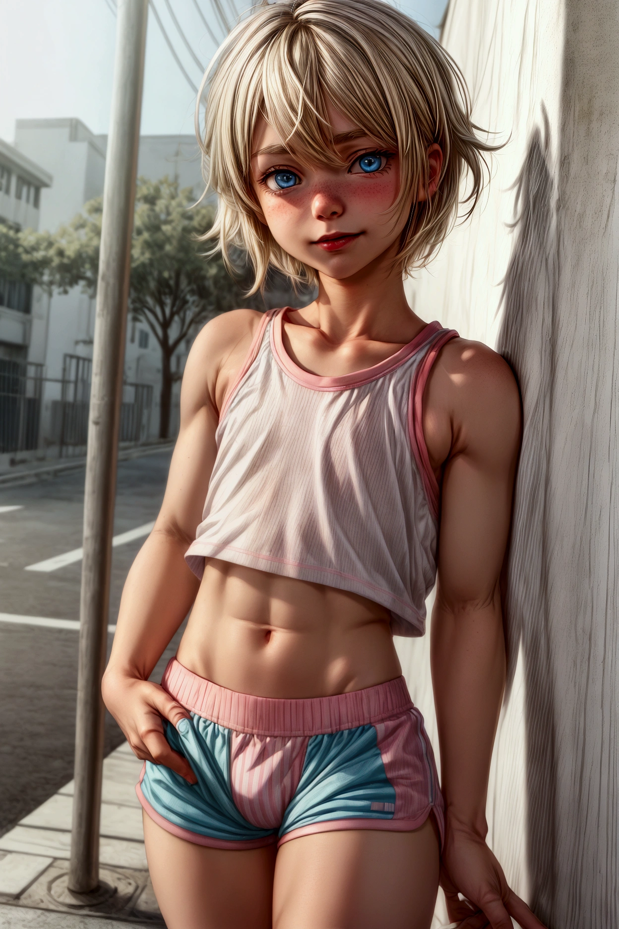 Anime style, Highres, Masterpiece, Best quality at best, Best Quality, hight quality, hight detailed, 1boy, blonde boy, perfect boy body, cute boy, detailed light blue eyes, short hair, messy hair, bangs, pastel rainbow inner hair color mesh, shy smile, wears a tight pink mini sports top white stripes, boy chest, bare shoulders, bare sleeves, bare arms, Pink mini sports shorts white stripes, (tiny bulge on shorts), beautiful legs, white stockings over knee, white sports shoes with pink stripes, boy body, Standing, sunny afternoon on the street, highest quality,