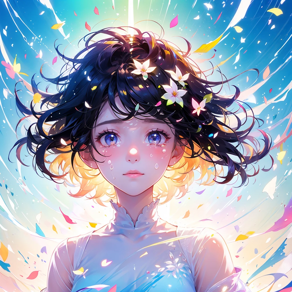 fractal art,Masterpiece,extreme detail,cinematic lighting,from above,close up,1girl,running through water and rain,sunlight,open eyes,scared,tear,looking at viewer,outstretched arms,white hair,short messy hair,simple t-shirt,short pant,broken glass,detailed background,dynamic pose, motion blur,grey color, <lora:GPTS4 dreamwave full_478773:0.5:OUTD> <lora:add_detail:0.6>