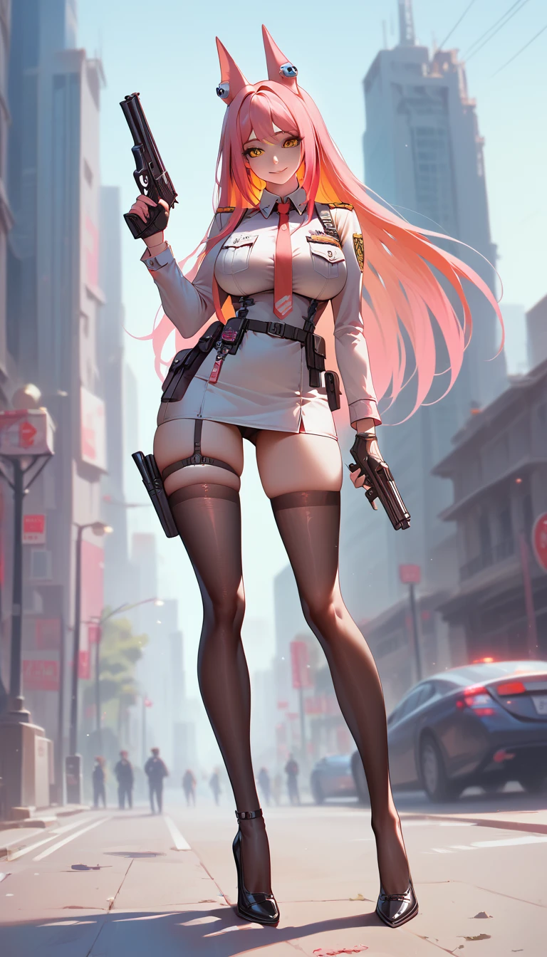 ultra-detailed, 1girl, solo, leona, Leona, NIKKE, (best quality), ((masterpiece)), (highres), 16K, perfect face, yellow eyes, pink hair, long hair, animal ears, colored inner hair, hair ornament, wearing police uniform, wearing black panties, tactical belt, fingerless gloves, holster, thighhighs, busty body, large breasts and a beautiful ass, showcasing cleavage, hips, legs, gun, holding gun, looking at viewer, smile, thigh details, detailed full body, city background