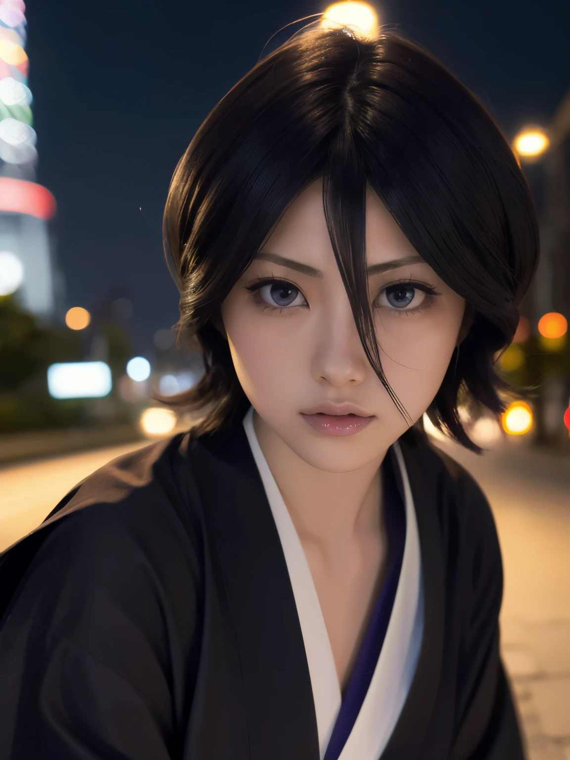 Black Hair, One girl, short hair, alone, (Hair between the eyes:1.75), View Viewer, blue eyes, black kimono, hakama pants, hight school girl,
最high quality, masterpiece, High resolution, high quality, natural skin, (close up:1.3) photo of as (young:1.0) woman, dynamic angle, dynamic pose,
(slick undercut hair:1.2), (8k uhd:1.0), (best quality:1.0), (masterpiece:1.0), (sharp focus:1.0), (basic grey backdrop:1.0), Realistic photos, 
Black kimono, long sleeve, Purple eyes, 
background, super realistic photo of Tokyo Tower at night, buildings and roads on the ground shine with lights, impressive lighting, highly detailed, 8K