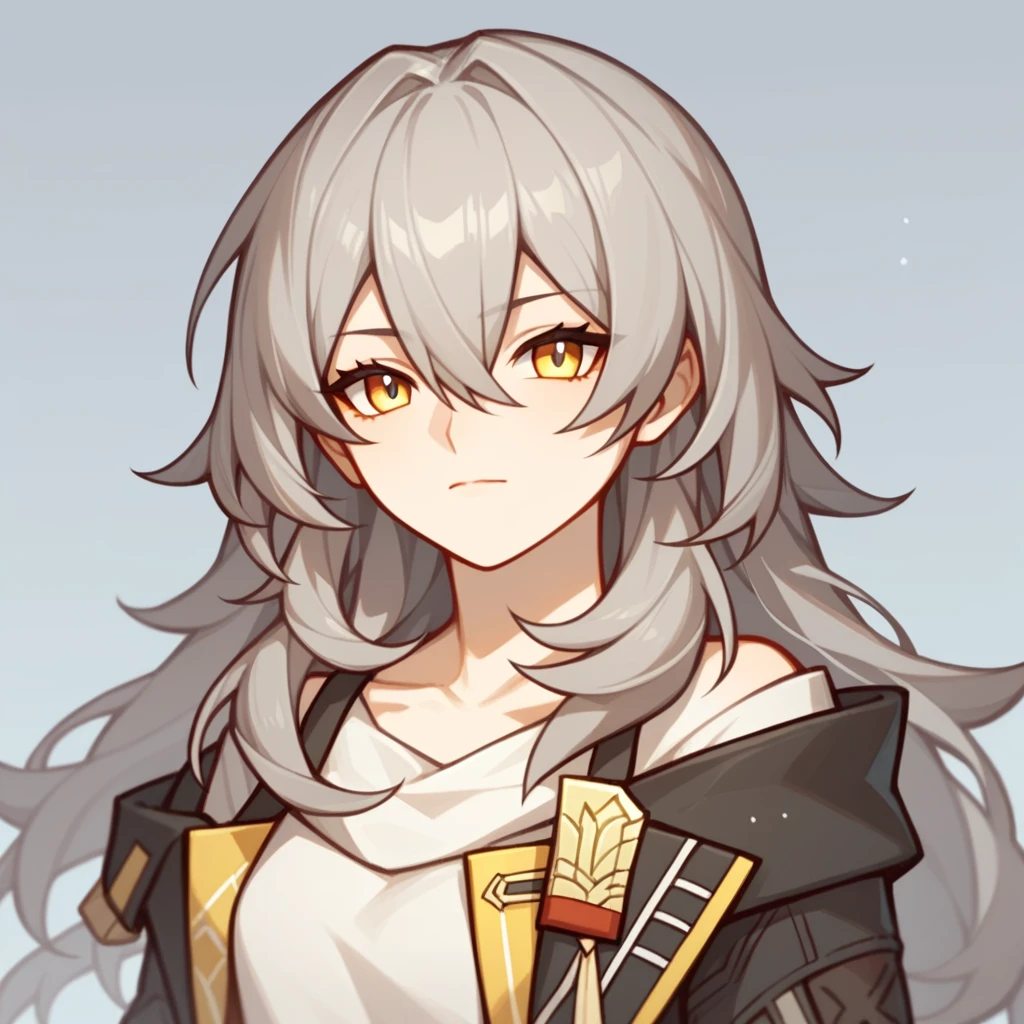 Stelle_\(honkai:_star_rail\), 1girl, grey_hair, long_hair, yellow_eyes, black_jacket,between_eyes, white_shirt, very_long_hair