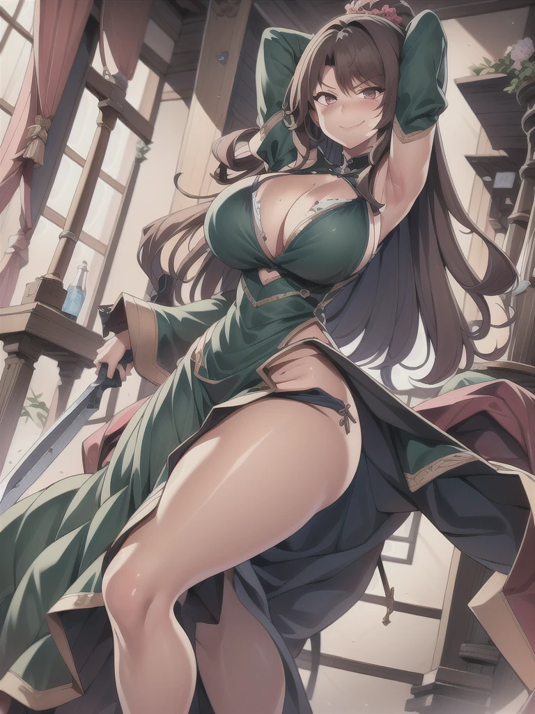 masterpiece,best quality,kim_kwang_hyun, 1girl,kashino, Brown  Long hair, big busty , large huge breasts, looking at viewer, plumpy, pink eyes, Brown Long hair, bangs, large huge breasts, long sleeves, dress, cleavage, closed mouth, Long weapon((sword)), puffy sleeves, arm up, clothing cutout, copyright name, green dress, cleavage cutout, juliet sleeves , power armor, shoulder armor, Brown long hair,  smirk, pink eyes 