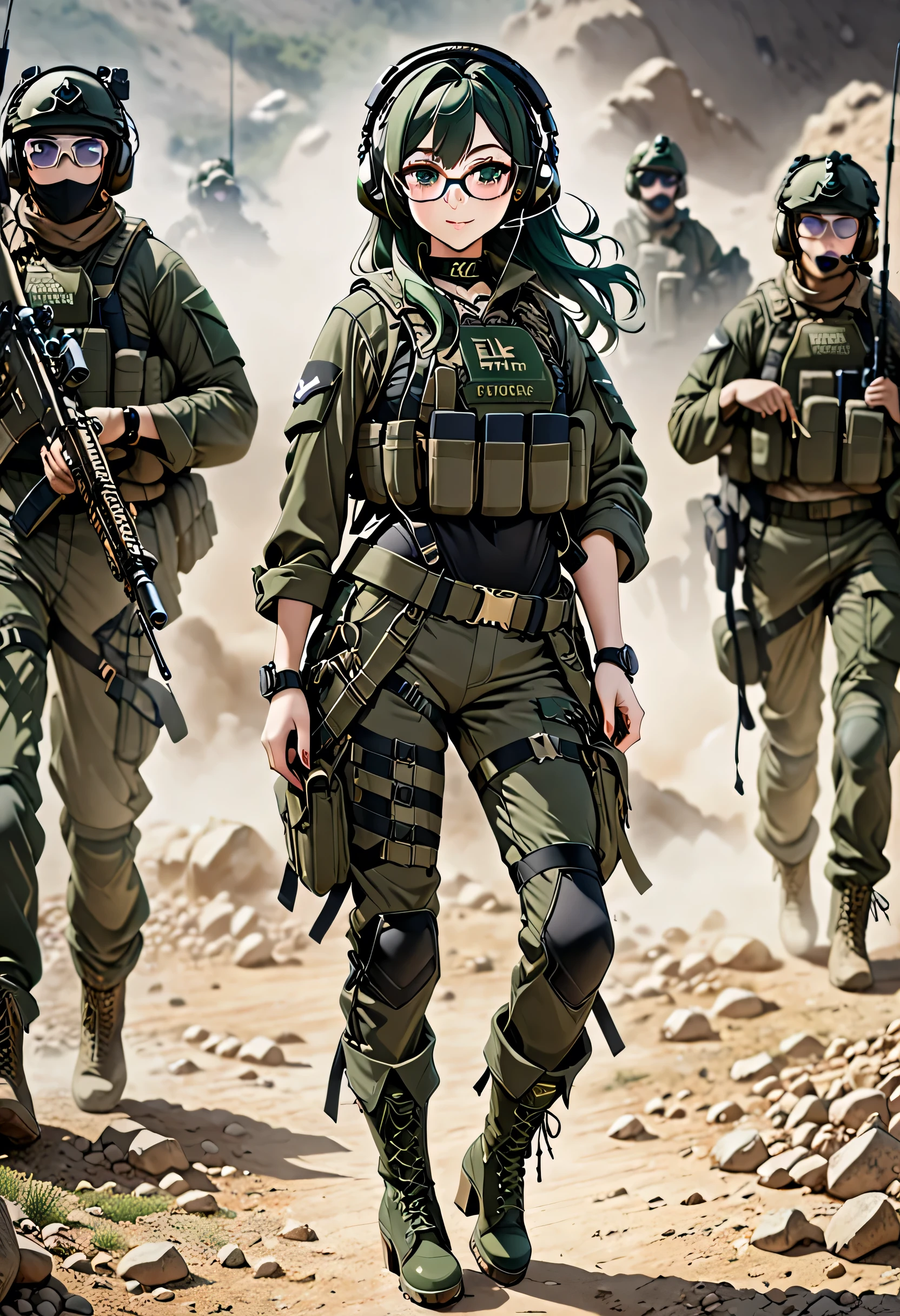 8K Ultra High-Quality, ultra-detailed, High quality, Dark Green hair, Long hair, Headset, Goggles, Elf girl, Ranger Green Tactical clothes, Military clothes, black leotard under clothes, heels army boots, body harness, Looking at viewer, choker, glasses, full body