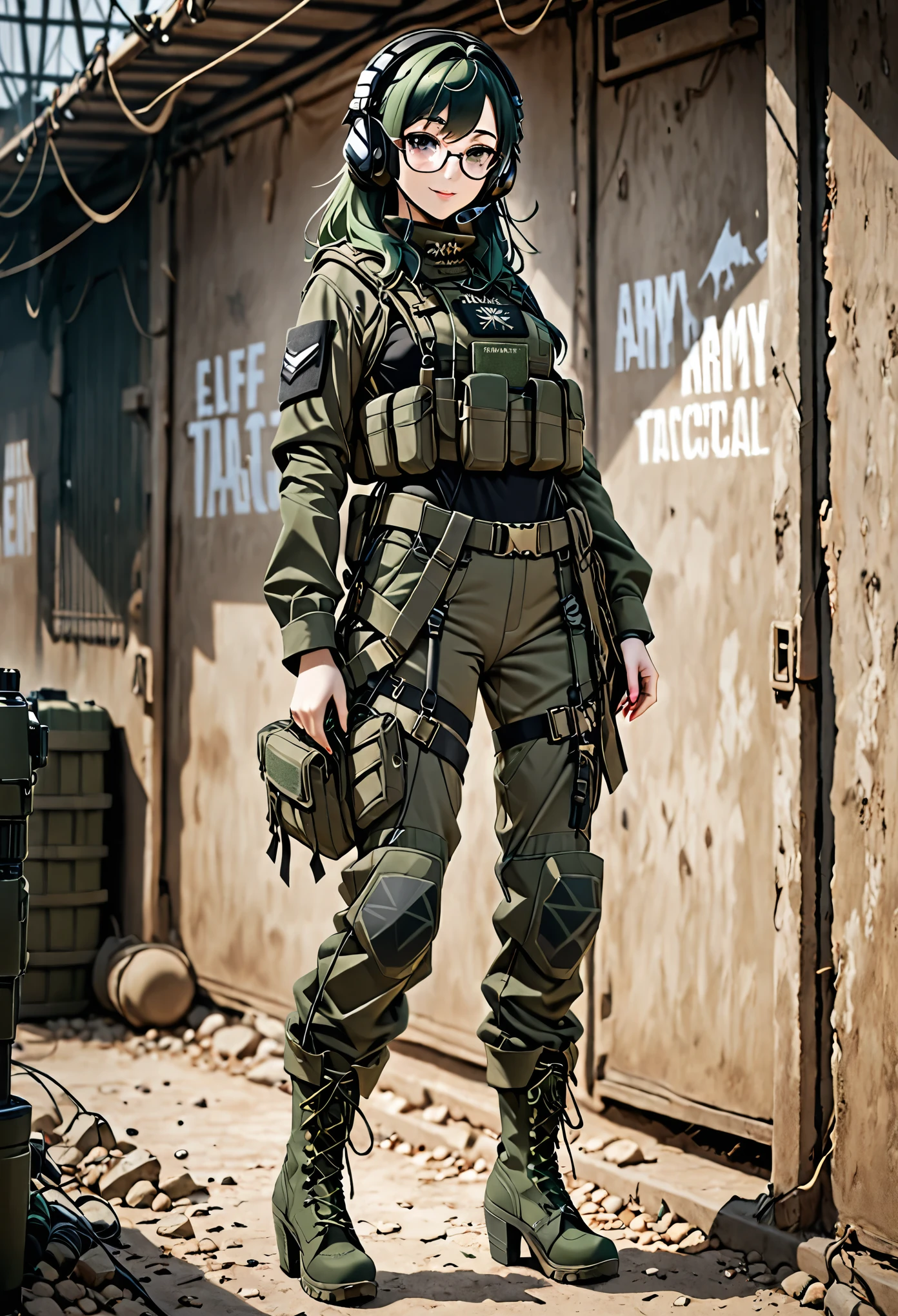 8K Ultra High-Quality, ultra-detailed, High quality, Dark Green hair, Long hair, Headset, Goggles, Elf girl, Ranger Green Tactical clothes, Military clothes, black leotard under clothes, heels army boots, body harness, Looking at viewer, choker, glasses, full body