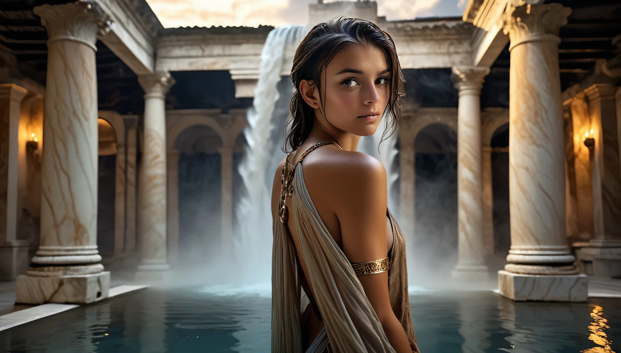 cute skinny girl, young, barely legal in a revealing silky tunic with plunging cleavage, , bronze bracelet on the upper arm, next to a steaming pool in an ancient marble Roman public bath with indoor waterfall at night with ambient lighting from the back and clouds of water vapor, detailed face, black random hair, moody atmosphere, ancient roman empire, intricate details, full body shot, random pose