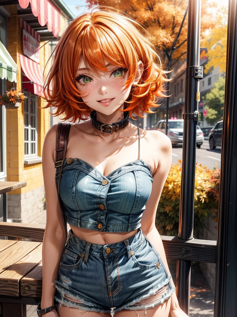 cute 18 year-old girl, slender build, moist shiny lips, wide smile, ((bright orange hair)), (short hair), (messy wild hair), spunky, green eyes, long eyelashes, pink eyeshadow, reflective skin, collar, denim shorts, (autumn day), (autumn colors), cozy outdoor cafe, rossdraws pastel