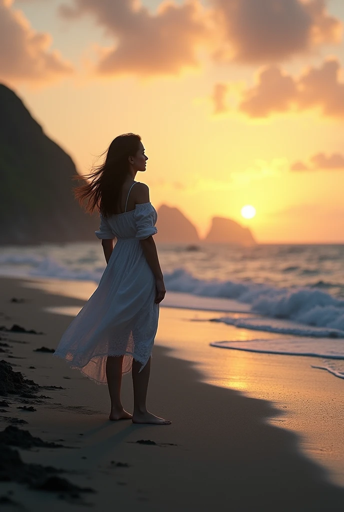 Woman and island walking at sunset by the sea Side angle