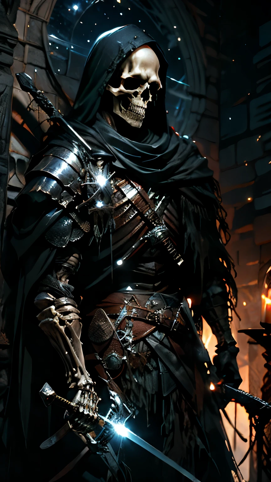 skeleton, muscle, Chainmail Hood, Knight Armor, cowboy_shot, Shorthand, holding_Sword＆shield, Alone, Background Corridor, Stained Glass Windows, Night Sky, Rembrandt, Chiaroscuro