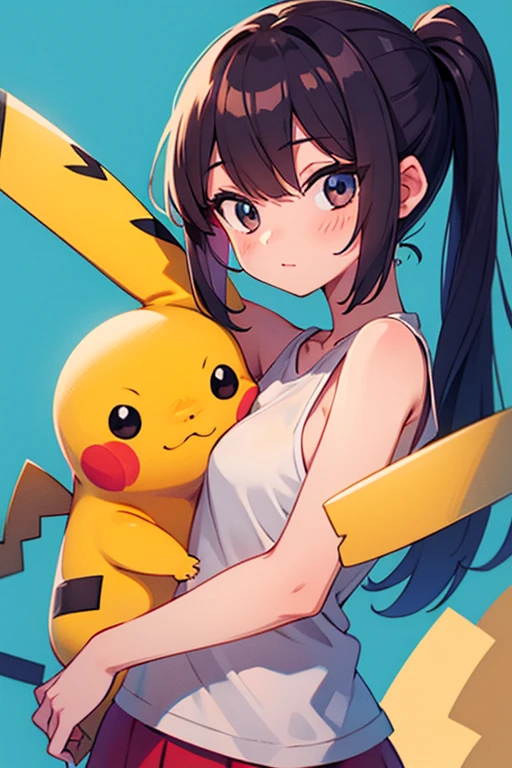 pov, paizuri, 2girls,, , , , paizuri, penis between the breasts, cool girl, Pokémon trainer, lass, midriff, cleavage, hiding, sweat, , pokeball, secret, payment, naughty, Pikachu, , sweat, brown skin, deep skin, Pikachu are assisting, assisted by Pikachu, room