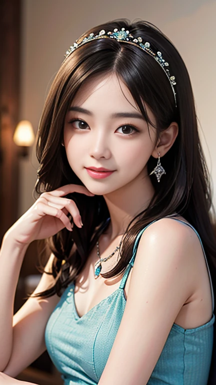 close up on face， femele， Stand up， long whitr hair， Satin gloss， ellegance， opulent， ellegance，ChineseGirl， adolable，ssmile，Slender long legs，the ocean，  Eau， Sense of brokenness， ruri， Buble， Double up braid， Hairline，  shairband， hair adornments，glitters， cinmatic lighting，  hyper HD， A high resolution， best qualtiy， 8K， high detal， high qulity， super detailing， anatomy correct， tmasterpiece， ccurate