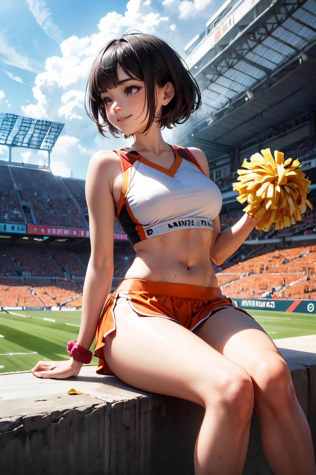 Very cute and beautiful cheerleader girl,(Very exquisite beautiful face and eyes:1.2),(Holding a pom-pom:1.2),(smile),High Kick、White panties are visible、
(Stadium Stands),Cowboy Shot,Dynamic pose,White panties,(Sleeveless orange shirt),Beautiful feet,Dynamic Angle,Black Hair,
(highest quality,masterpiece:1.2),Intricate details,Very detailed,Super detailed,High resolution,View Viewer,
Natural light,Hair blowing in the wind,Beautifully detailed skies,