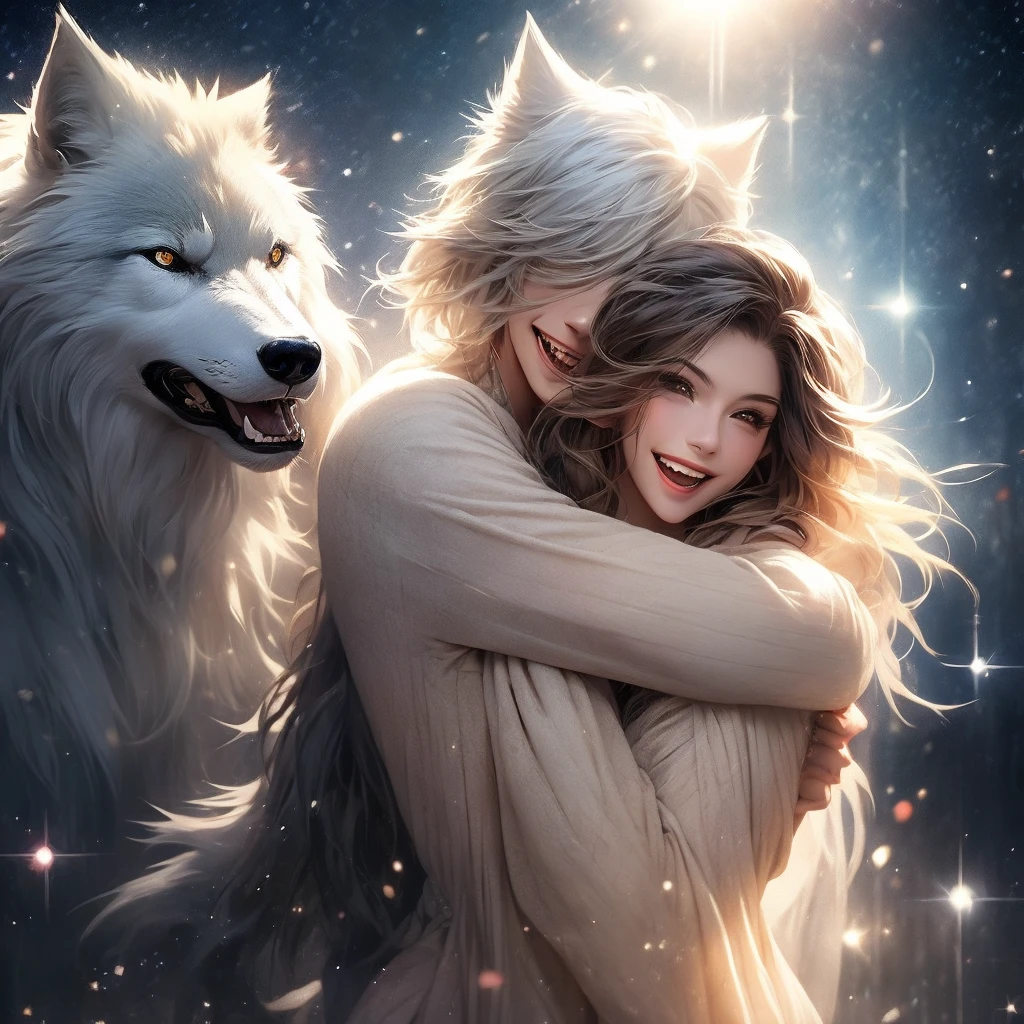 Find your soul mate、Getting lost and arriving、From the darkness comes light、Big silver wolf、Get close、Sparkle Effect, Lens Flare, Particles of light、aura、Woman hugging a wolf、love,Night Sky、Moon Background、Black Hair、Medium Hair, Gentle Wolf、smile, happiness/joy, Laughing, Woman hugging a wolf、