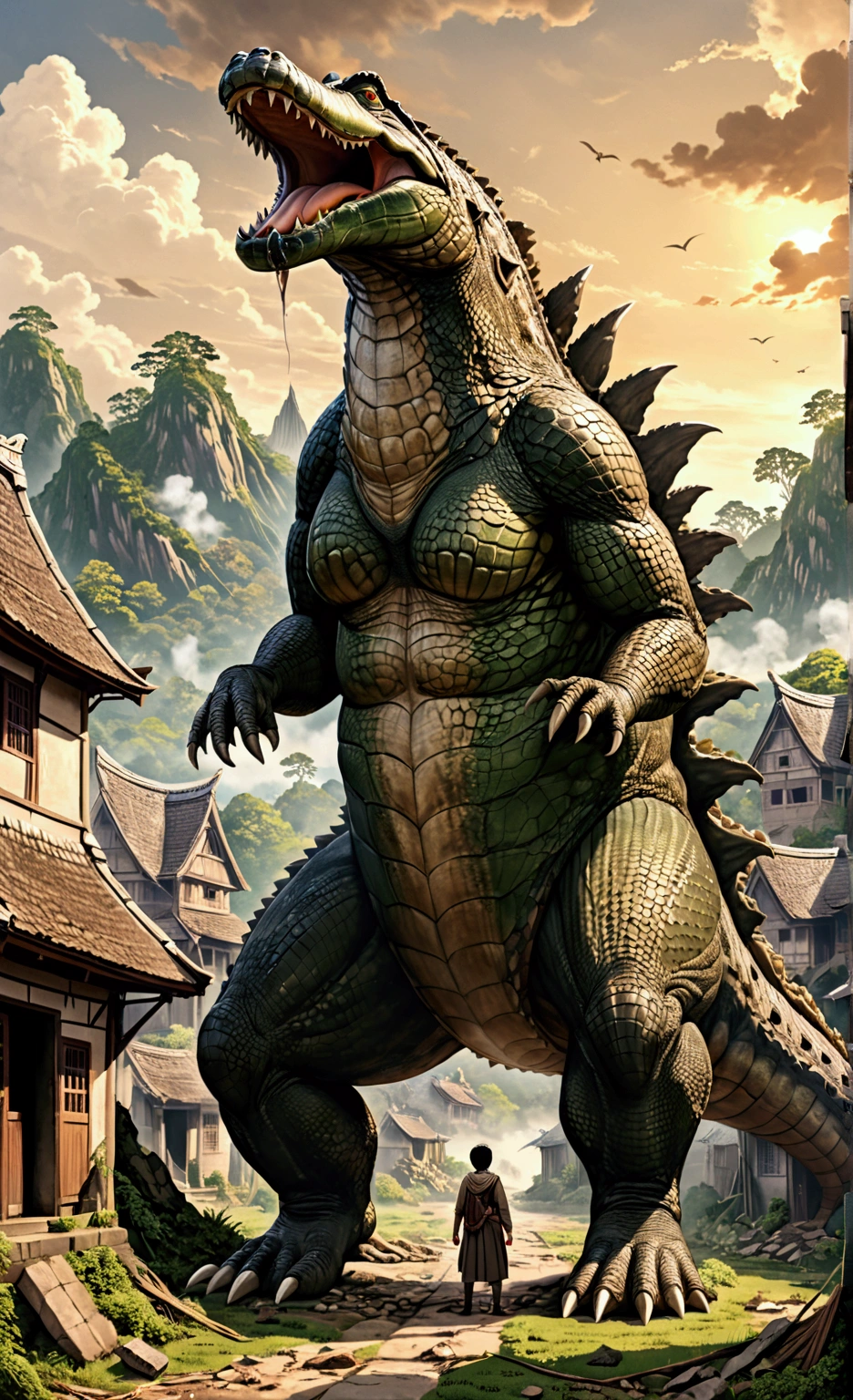 sweating a lot,muscular,???????,Houses in the Stone Age,hairy,personification,chest hair,Serious face(scars in the face) Mature (blue eyes)Huge muscle ripped abs wild, Crocodile with tribal ambitions holding a bow and arrow
